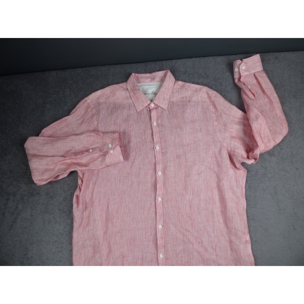 Tasso Elba Mens XL Red White 100% Linen Long Sleeve Button Up Shirt Melange